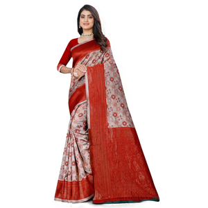 Traditional Indian Silk <b>Saree</b> <b>Red</b> And Beige With Floral Zari Work For Wedding And Festival Wear Women - Product Image 1