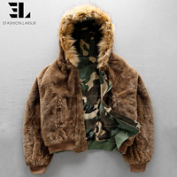Chaqueta Bomber de Nylon Ripstop Reversible Personalizada LARSUR con Capucha de Piel Sintética, Camuflaje Desgastado, Chaqueta de Piloto Corta