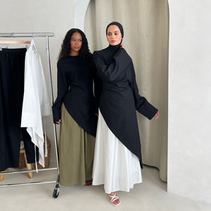 Ensemble Vêtements Islamiques Tendance Femme Musulmane Turque, <span class=keywords><strong>Blouse</strong></span> Décontractée en Lin et Coton Mélangé, Jupe Abaya Modeste Asymétrique, Ensemble 2 Pièces - Product Image 1