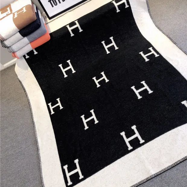 classic H letter pure woolen turkish cashmere wool fleece throw blanket for winter