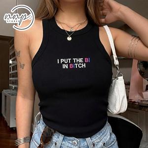 OEM ODM Débardeur brodé personnalisé avec la phrase « I Put The BI In Bitch », Débardeur dos nageur, Débardeur à bretelles spaghetti, Y2K, pour filles stylées, Fierté LGBTQ - Product Image 1