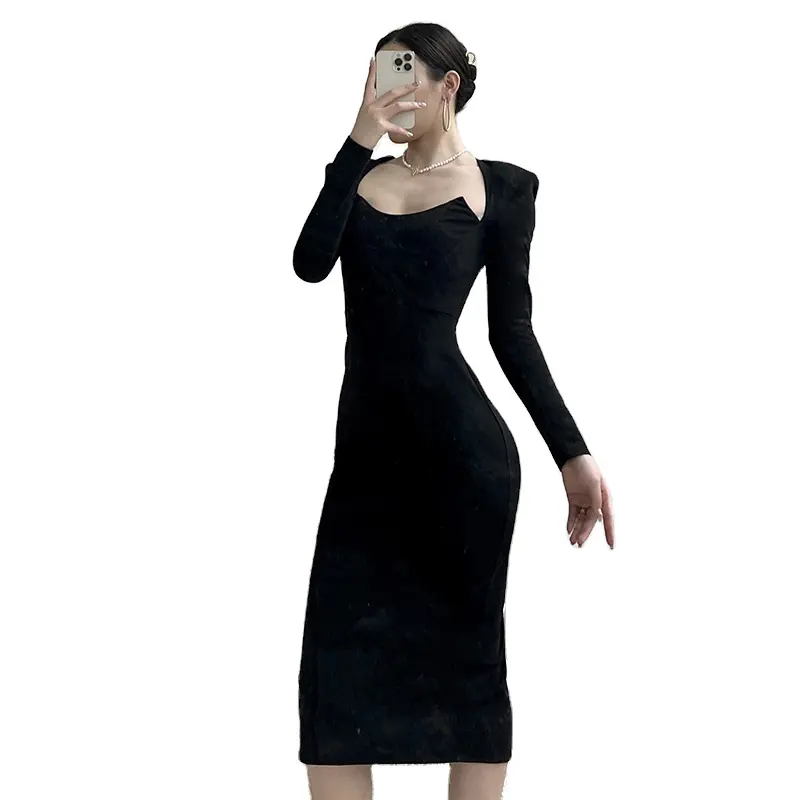 New Product Listing Knitted Right Angle Shoulder Pad French Long Dress For Women In Winter Black Sexy Slim Long Sleeve Dress