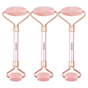 Wholesale Logo Lowest Price Natural Rose Quartz Face Lift Rose Gold Metal Handle Pink Jade Face Roller with Box