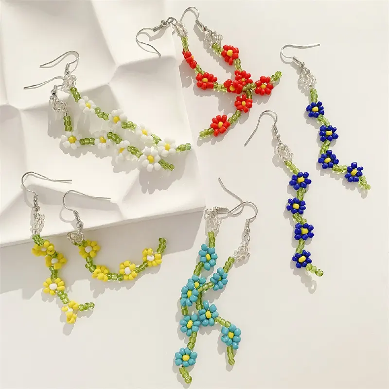 Korean Fashion Jewelry Bohemian Colorful Beaded Earrings Handmade long Tassel Colorful Flower Stud Earrings for Women