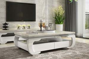 طاولة قهوة من الخشب الصلب والرخام مع خزانة تلفاز، تصميم بسيط وعصري لغرفة الجلوس العائلية الصغيرة، طاولة شاي من الفولاذ المقاوم للصدأ - Product Image 4