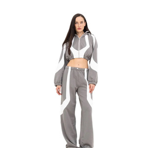 Ky của phụ nữ mùa thu phòng chờ thiết lập màu khối zip phía trước hàng đầu và thắt lưng đàn hồi quần thư giãn phù hợp với hai mảnh tọa độ - Product Image 2