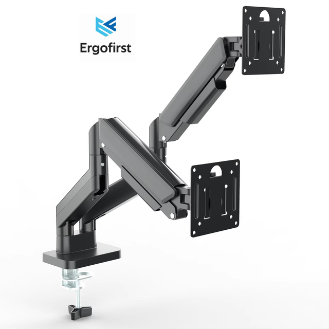 Ergofirst Dual Monitor Arm Mount 32 Inches 90 Degrees Tilt New Bracket Desk Stand Alloy Steel Black 10kg Capacity VESA 75/100mm