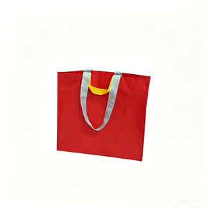 Red Eco-Friendly Non-Woven Tote <b>Bag</b> with Blue Handles and Yellow Trim Custom Printing <b>Medium</b> Size for Groceries - Product Image 3