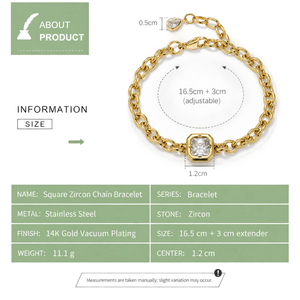 Pulsera de Cadena con Circonitas Cuadradas de Acero Inoxidable, Baño de Oro de 14K al Vacío, Eslabones Ovalados Abiertos con Centro Transparente y Gota de Pera - Product Image 3