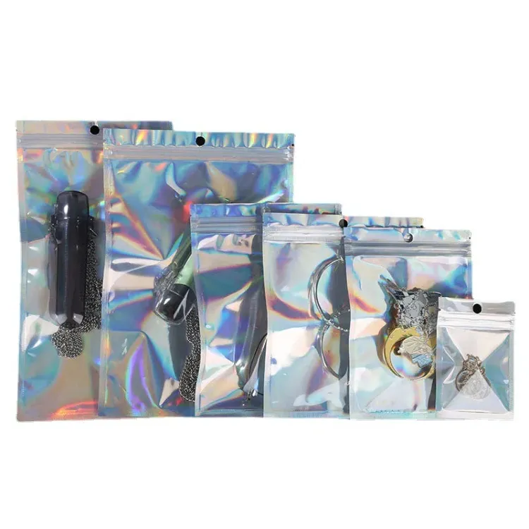 Hot selling high-quality holographic aluminum foil zipper bag with transparent rainbow cosmetic polyester film bag on the front