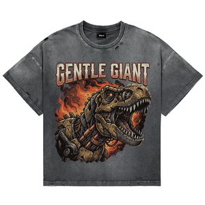 Camisetas de Hombre de Alta Calidad, Tallas Grandes, Negras, con Lavado Ácido y Efecto Desgastado, Estilo Casual Steampunk, con Gráfico de T-Rex, de Algodón, Manga Corta - Product Image 1