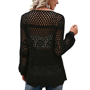 Cárdigan de punto calado para mujer, manga larga acampanada, con lazo frontal, estilo abierto, para playa, venta al por mayor - Product Image 2