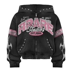 Sudadera con Capucha Corta para Hombre, Estilo Y2K, con Estampado Digital Personalizado de Alta Gama, con Pedrería y Efecto Desgastado, Hombros Caídos, Diseño OEM - Product Image 2