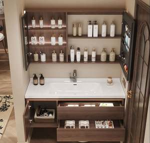 Meuble-lavabo de salle de bain moderne en bois SANTOPOVA avec armoire à miroir intégrée et tiroirs à fermeture douce - Product Image 4