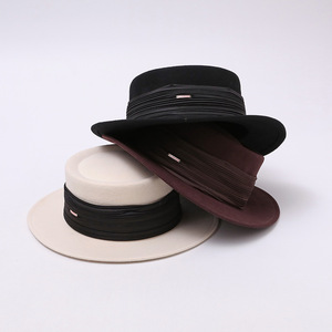 New Autumn <strong>Winter</strong> Luxury Wool Felt <strong>Hat</strong> Women Vintage Chic British Pleated Satin Trim Flat Top Premium Ceremony - Product Image 4