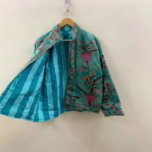 Chaqueta Unisex Reversible de Terciopelo de Algodón Azul Turquesa Hecha a Mano con Bordado Suzani Floral Transpirable - Product Image 1
