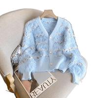 Cardigan tricoté décontracté pour femme, col en V, style vintage, en fausse fourrure de vison, manches longues, coupe ample, avec volants, écoresponsable, pour la maternité
