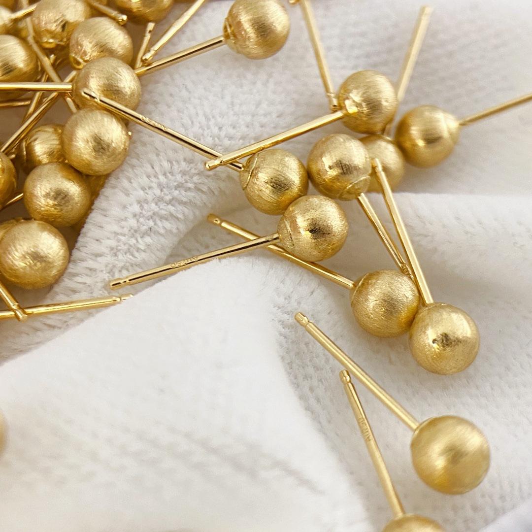 18K Real Gold Earrings Gold 18K Jewelry AU750 Brushed 4mm Round Beal Ball  Stud Earrings Gold Earrings