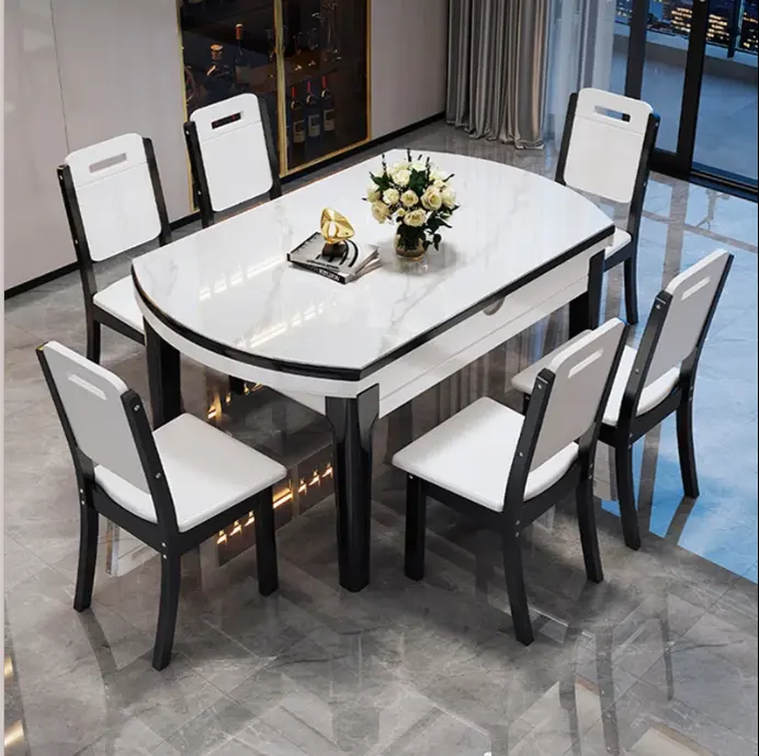 Yeni Modern ev mobilyası yemek odası seti 6 kişilik mikrofiber deri döşeme yuvarlak mermer yemek masası restoran