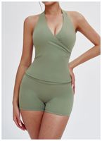 Ensemble de vêtements de sport grande taille personnalisé pour la gym et le yoga, comprenant un haut court moulant à col licou et pantalon de fitness taille haute avec logo frontal