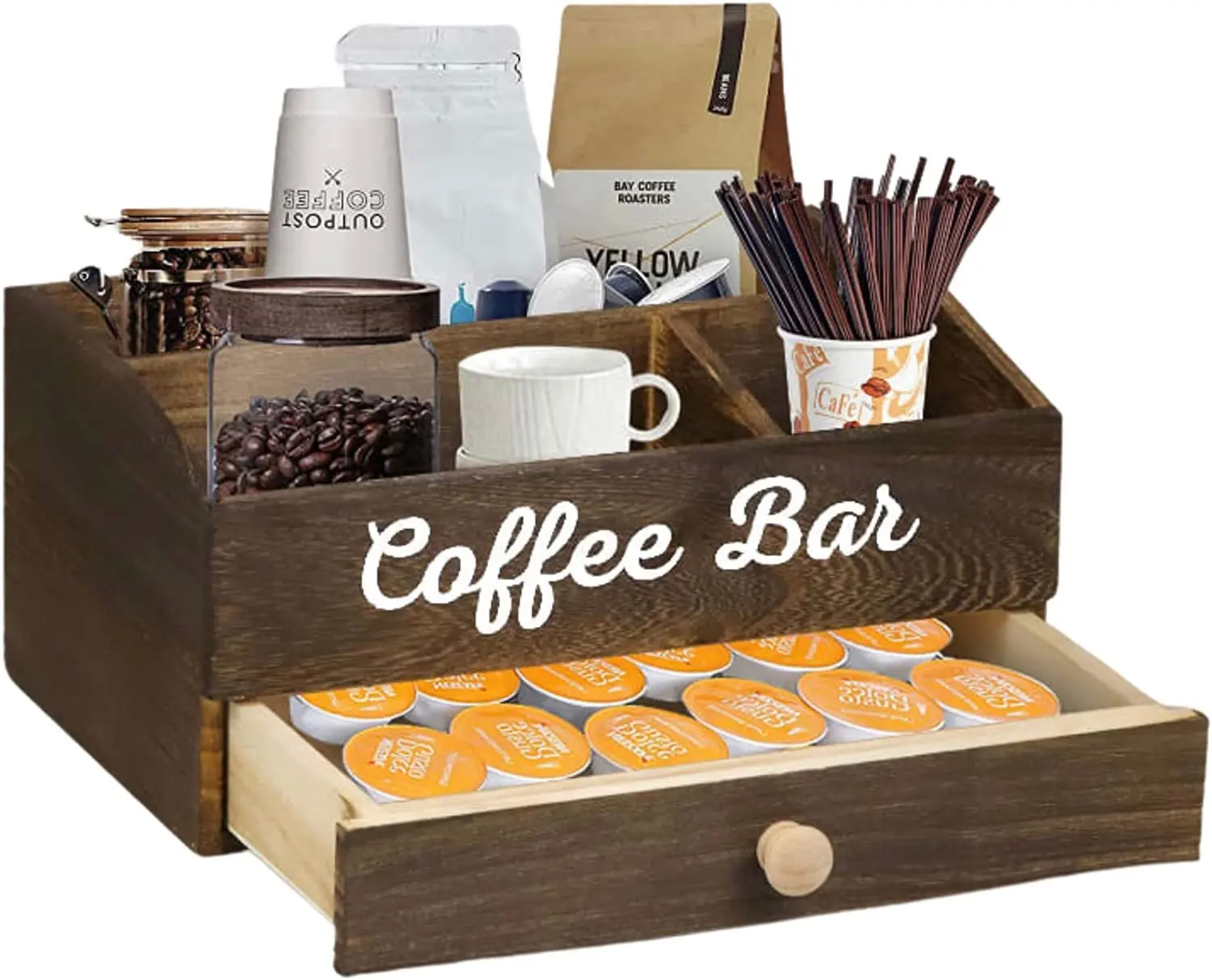 Rustic Style Coffee Station Wooden Coffee Bar Organizer Accessories Storage Bin For Countertop