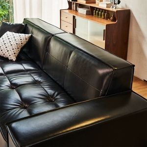 Vintage French Retro Oil Waxed Leather <b>Sofa</b> Straight Shape Tufted Foam Filling For Small Living Rooms - Product Image 3