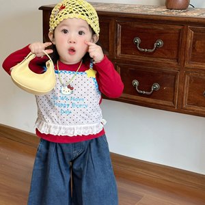 Girls Cartoon Faux Two Piece T Shirt Set Spring Fashion Wide Leg Jeans Set Comfortable Clothing For Kids - Product Image 3
