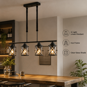 Luminaire suspendu moderne en fer et verre, pour salle à manger, îlot de cuisine, restaurant, bar, E27, 4 lumières, lumière chaude - Product Image 2