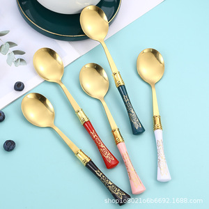 Cuchara de Acero Inoxidable con Mango de Cerámica Estilo Nórdico, con Diseño Floral, Duradera, para Sopa y Arroz - Product Image 1