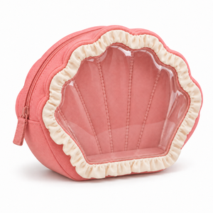 Vial Case Shell Shape Toiletry Bag Ruffle Trim Clear PVC Window Cotton Canvas Coral Pink Wash Pouch Custom Logo - Product Image 3