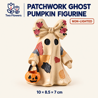 Figurine acrylique fantôme patchwork d'Halloween avec seau citrouille, nœud floral, non lumineuse, à piles bouton, décoration de table pour la maison