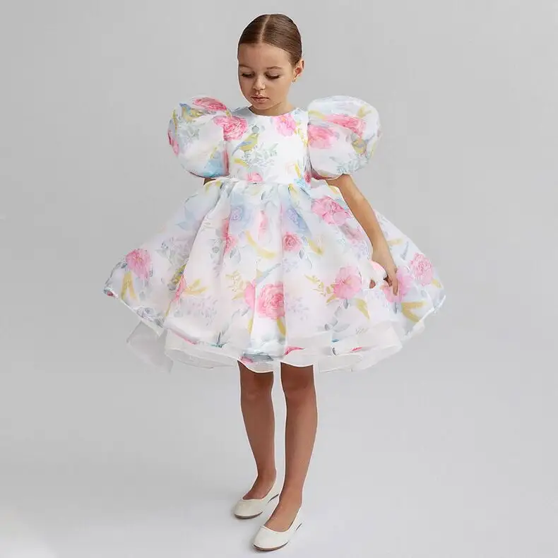 117751 Children's Puff Sleeve Dresses for Girls' Princess Formal Elegant Dress Flower Girl Wedding Prom Dress