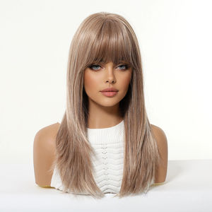 <span class=keywords><strong>Perruque</strong></span> sans lacets pour femme, cheveux mi-longs haut de gamme, franges légères, brun mat, en fibre haute température, fabriquée à la machine, pour l'export. - Product Image 4