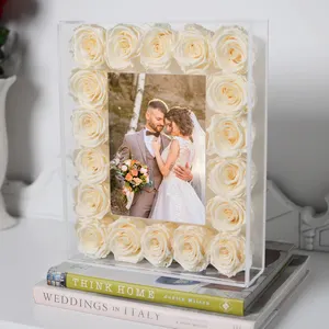 New Trending Mother's Day Infinity Eternal Rose Picture Acrylic Frame 18pcs Forever Preserved Rose Quartz Crystal Photo Frame