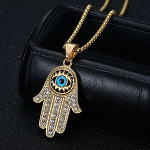 Fatima's <b>Hand</b> Pendant Necklace Stainless Steel Gold Plated Rhinestone Blue Eye Unisex Gift Jewelry - Product Image 1