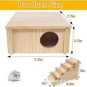 Casa para hámster con escalera y túnel, 20,1x20,1x9,4 cm, madera maciza para mascotas pequeñas, uso en interiores y exteriores - Product Image 3