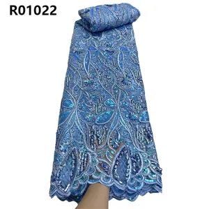 CHOCOO Competitive Price Guipure Sequin Beaded Lace Fabric Custom Sky Blue Color Luxury Embroidery Cord Lace Fabric