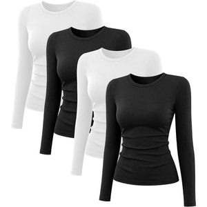 Paquete de 4 Camisetas de Manga Larga para Mujer, Cuello Redondo, Acanaladas, Ajustadas, Elásticas, para Otoño e Invierno, en Blanco y Negro - Product Image 1