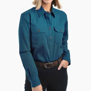 100% 棉陆军绿色乡村女式衬衫女式长袖半扣工作衫澳大利亚