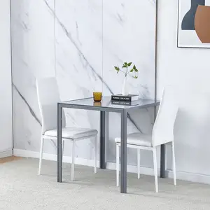 Tavolo da pranzo in vetro grigio da 3 pezzi con Set di sedie bianche per 2 persone, tavolo quadrato da cucina piccolo in vetro temperato