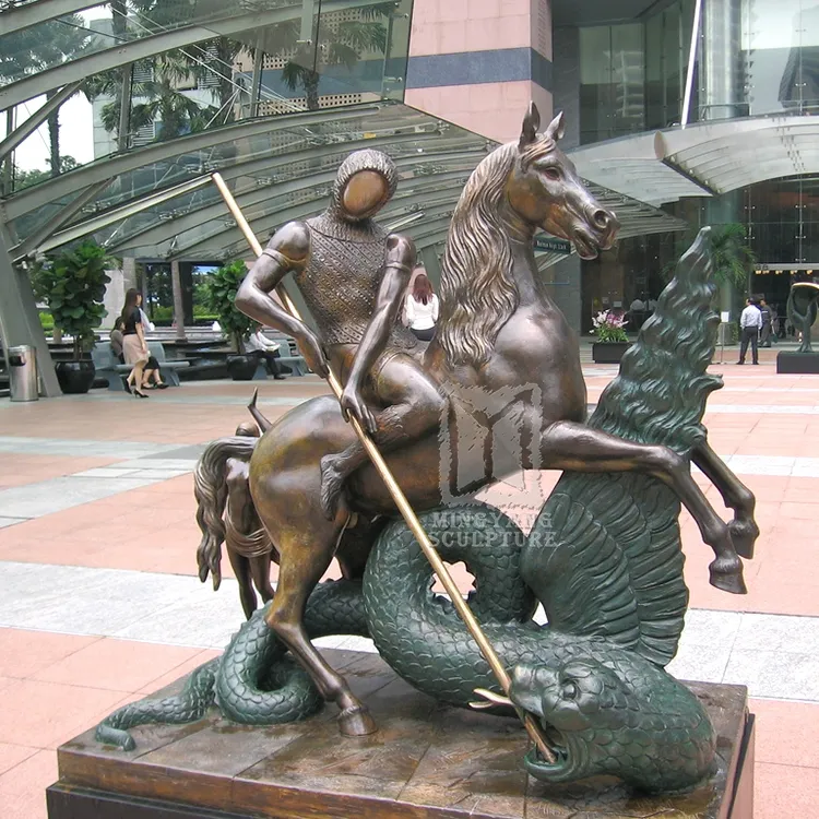 Estatua de bronce del caballero occidental antiguo abstracto, estatua de bronce de dragón fundido, Guerrero de latón con lanza sobre caballo, escultura de Metal para exteriores