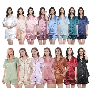 Ready To Ship Plain Color High Quality Short Sleeve And Shorts 2 Piece Set Silk Satin Women's Pajamas Nightwear