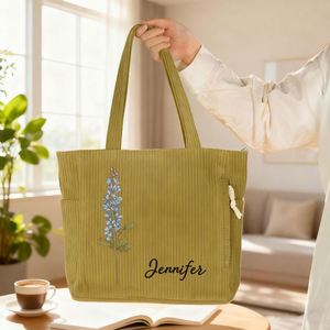 Sac fourre-tout personnalisé en velours côtelé avec motif floral et nom de fleur de naissance, grande capacité, pour femme, avec poches, cadeau - Product Image 3