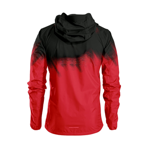 เสื้อแจ็คเก็ตวินด์เบรกเกอร์แบบมีฮู้ดสำหรับผู้ชาย สีแดงดำ พิมพ์ลายแบบซับลิเมชั่น โลโก้ด้านหน้าแบบกำหนดเอง ซิป ลายพิมพ์ สปอร์ต - Product Image 3