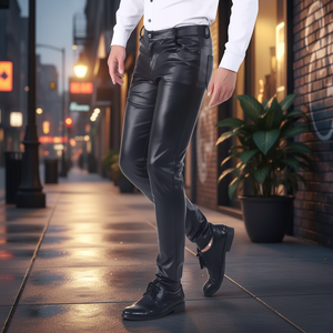 Pantalones de Hombre Transpirables y Elegantes de Cuero PU, Cintura Media, Corte Recto, Estilo Casual, Bordados y a la Moda - Product Image 2