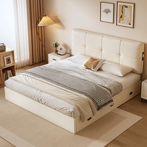 Самая продаваемая мягкая кровать для главной спальни с регулируемой высотой, обивкой из кожи, спинкой и вместительным ящиком для хранения из массива дерева - Product Image 1