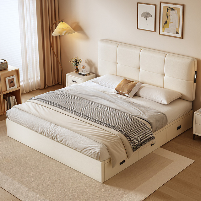 Best-Selling Minimalist Adjustable Height Leather Upholstered Backrest Large-Capacity Solid Wood Storage Master Bedroom Soft Bed