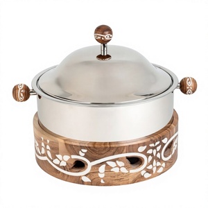 Elegant Design <b>Food</b> Warmer Middle East Stainless Steel <b>Server</b> Casserole Pot Wooden Base 24cm Diameter Dishwasher Safe Party - Product Image 1