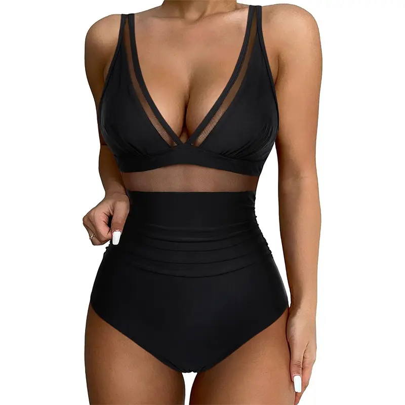 Damen Bauchtkontrolle einteiliger Bikini mit sexy Netz Patchwork hohe Taille tiefer V-Ausschnitt Strandbekleidung Stil