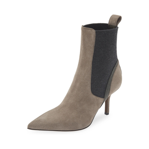 Bottines Chelsea à bout pointu en faux <span class=keywords><strong>daim</strong></span> mélangé avec bordure perlée et talon moyen fin pour femmes, vente en gros OEM ODM - Product Image 2